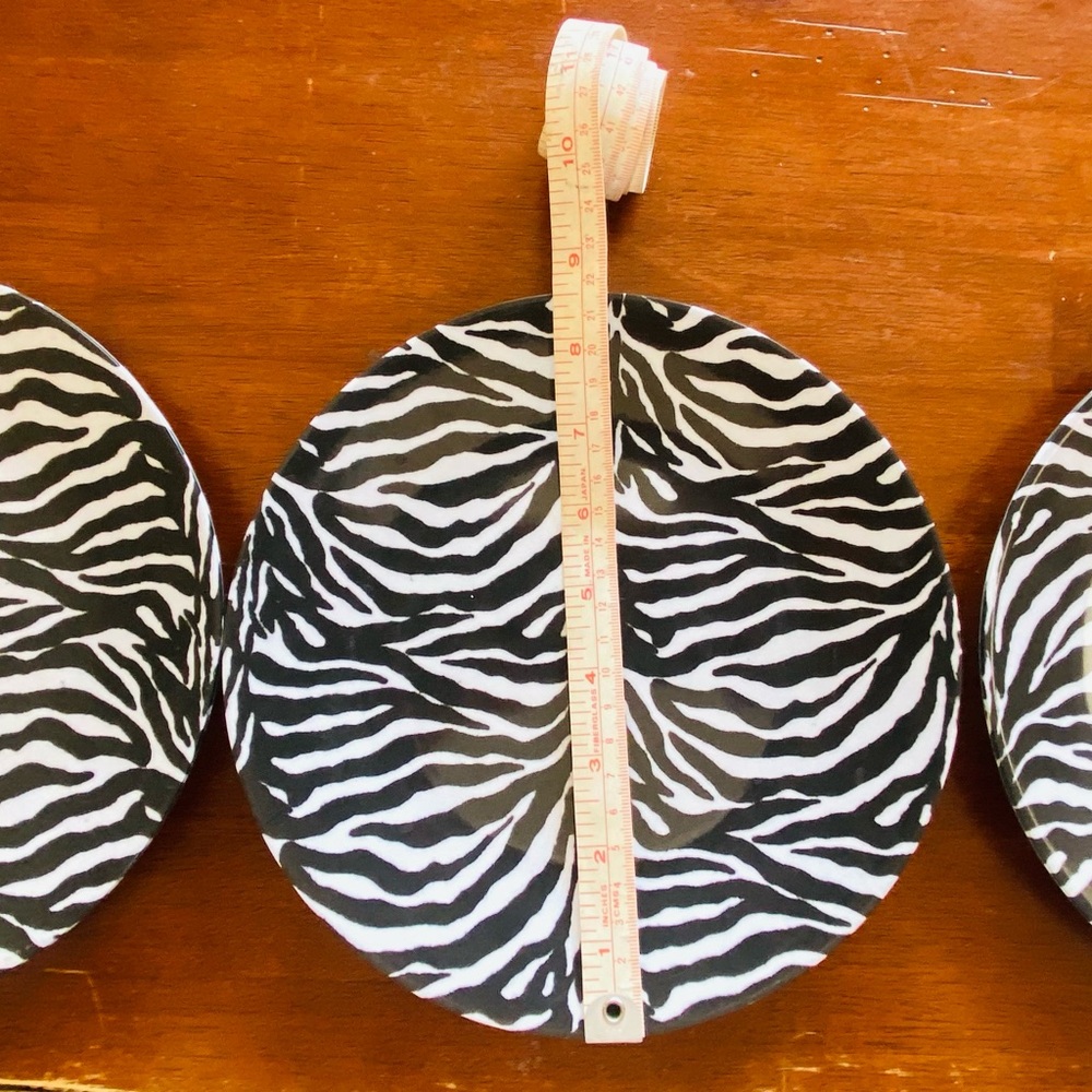 Zebra outdoor dining plates, 3 in total. Perfect for pool-side snacks.